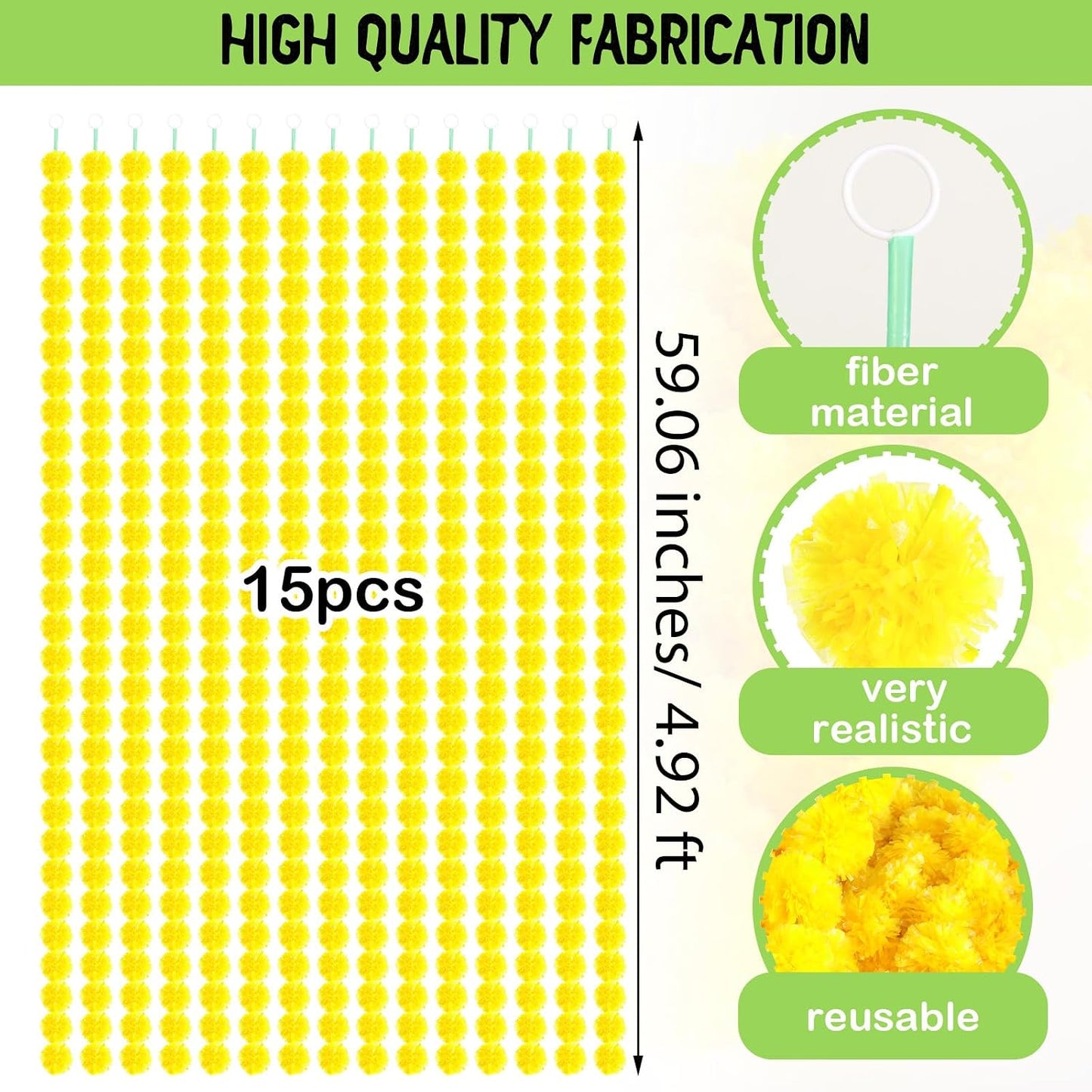 15 Pack Marigold Garland for Decoration 5 ft Long Strands Faux Artificial Marigold Flowers for Dia De Los Muertos Diwali Indian Wedding Party Decorations(Yellow)