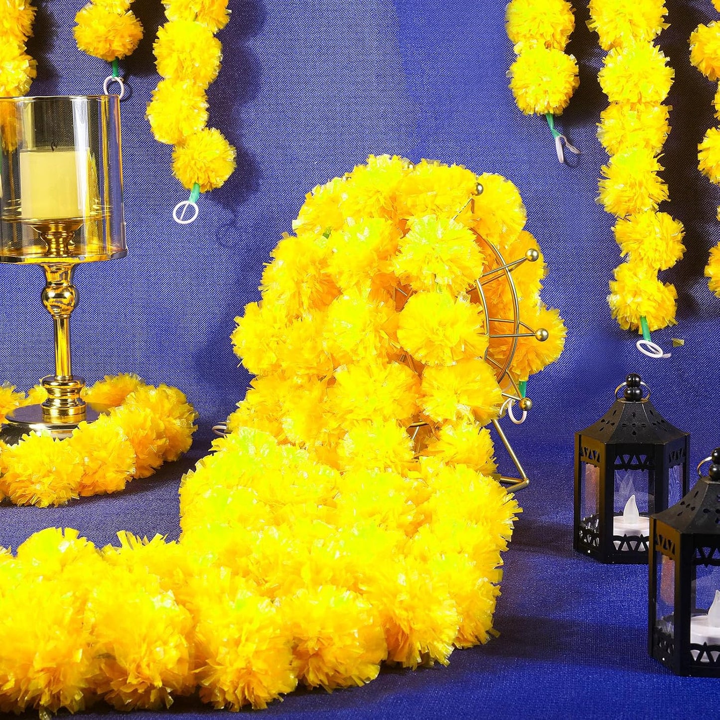 15 Pack Marigold Garland for Decoration 5 ft Long Strands Faux Artificial Marigold Flowers for Dia De Los Muertos Diwali Indian Wedding Party Decorations(Yellow)