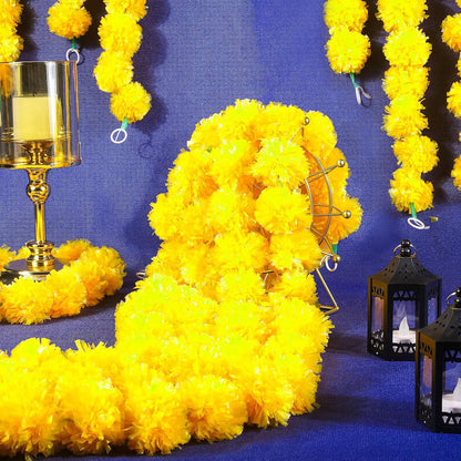 15 Pack Marigold Garland for Decoration 5 ft Long Strands Faux Artificial Marigold Flowers for Dia De Los Muertos Diwali Indian Wedding Party Decorations(Yellow)