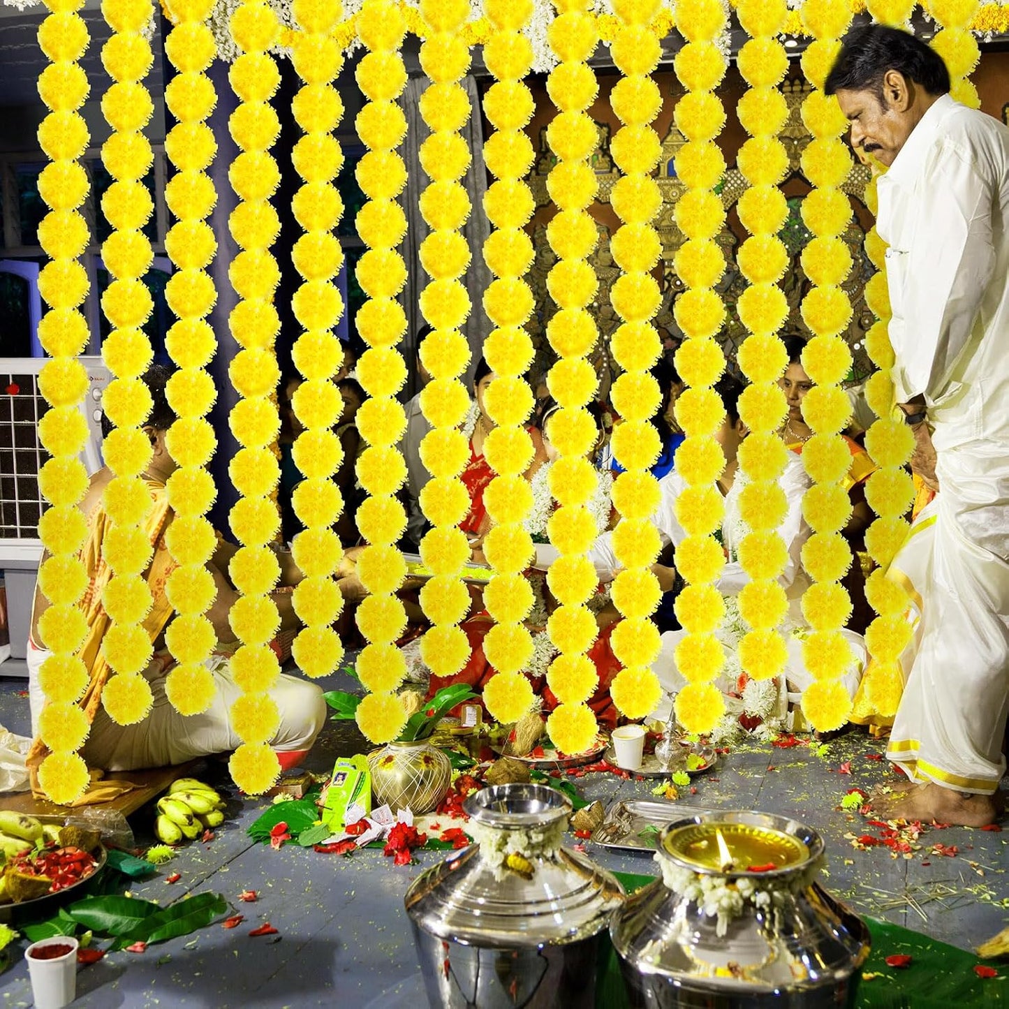 15 Pack Marigold Garland for Decoration 5 ft Long Strands Faux Artificial Marigold Flowers for Dia De Los Muertos Diwali Indian Wedding Party Decorations(Yellow)