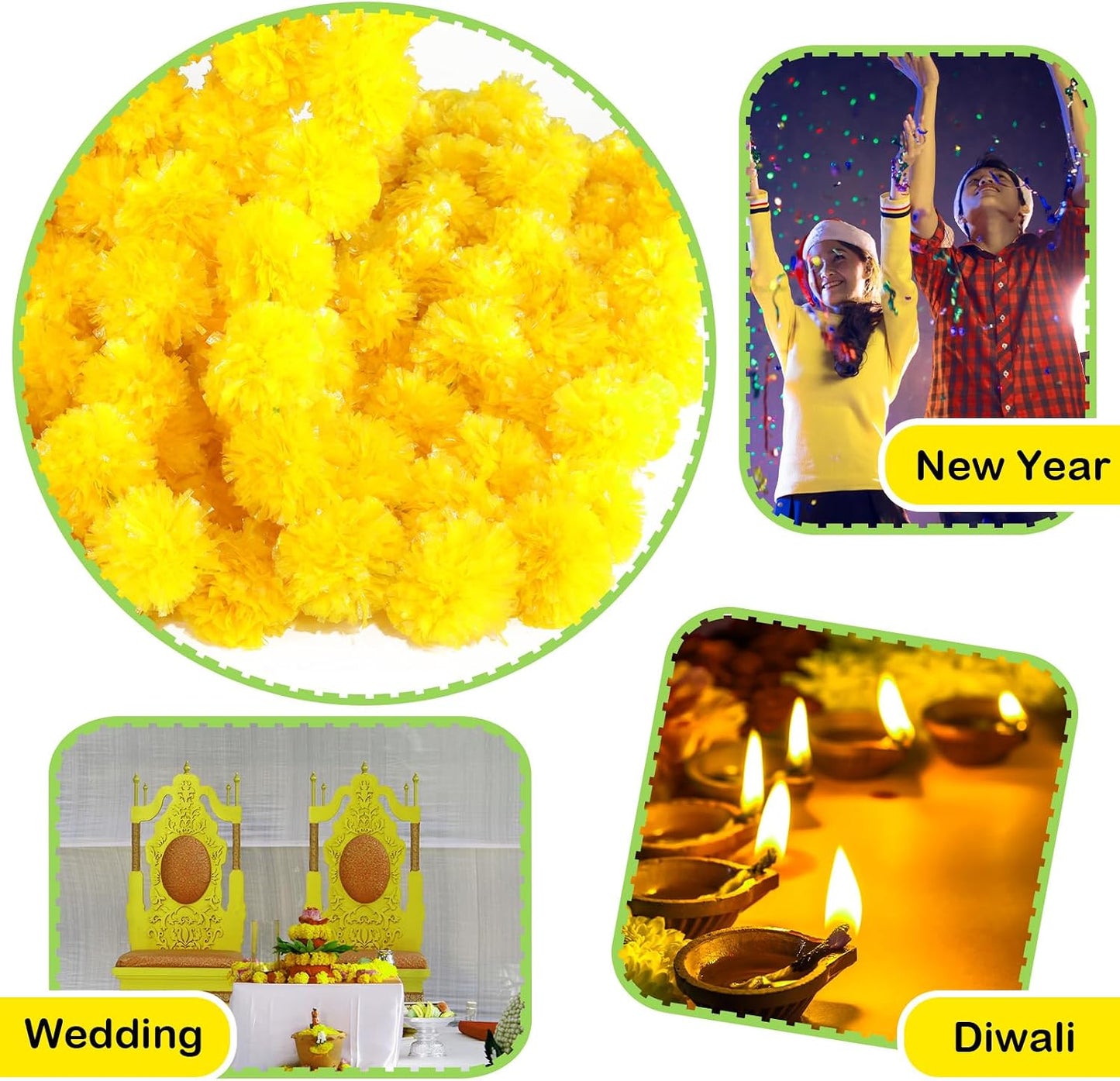 15 Pack Marigold Garland for Decoration 5 ft Long Strands Faux Artificial Marigold Flowers for Dia De Los Muertos Diwali Indian Wedding Party Decorations(Yellow)