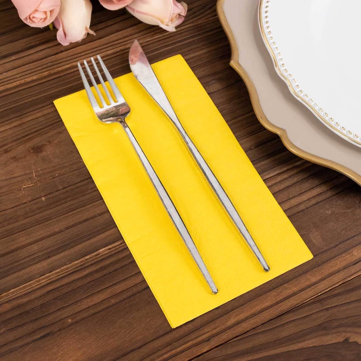 100 Count Yellow 2-Ply Dinner Napkins, Soft Paper Disposable Party Wedding Reception Cocktail Beverage Napkins 8" x 4"