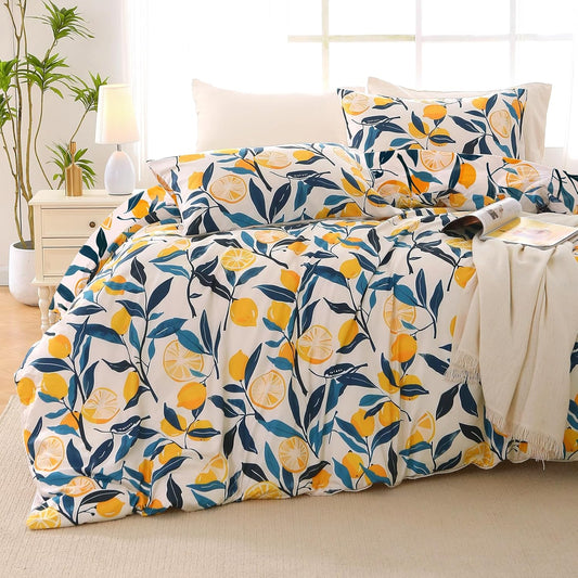 Lemon Blossom Full Comforter Set, Elegant Floral Print Bed in a Bag 7 Pieces, Ultra Soft & Breathable Reversible Botanical Pattern Bedding Set with Comforter, Sheets, Pillowcases, and Shams
