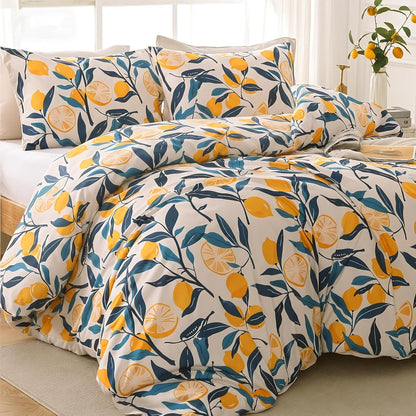 Lemon Blossom Full Comforter Set, Elegant Floral Print Bed in a Bag 7 Pieces, Ultra Soft & Breathable Reversible Botanical Pattern Bedding Set with Comforter, Sheets, Pillowcases, and Shams