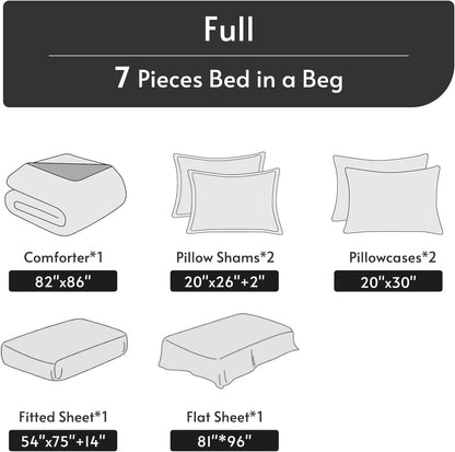 Lemon Blossom Full Comforter Set, Elegant Floral Print Bed in a Bag 7 Pieces, Ultra Soft & Breathable Reversible Botanical Pattern Bedding Set with Comforter, Sheets, Pillowcases, and Shams