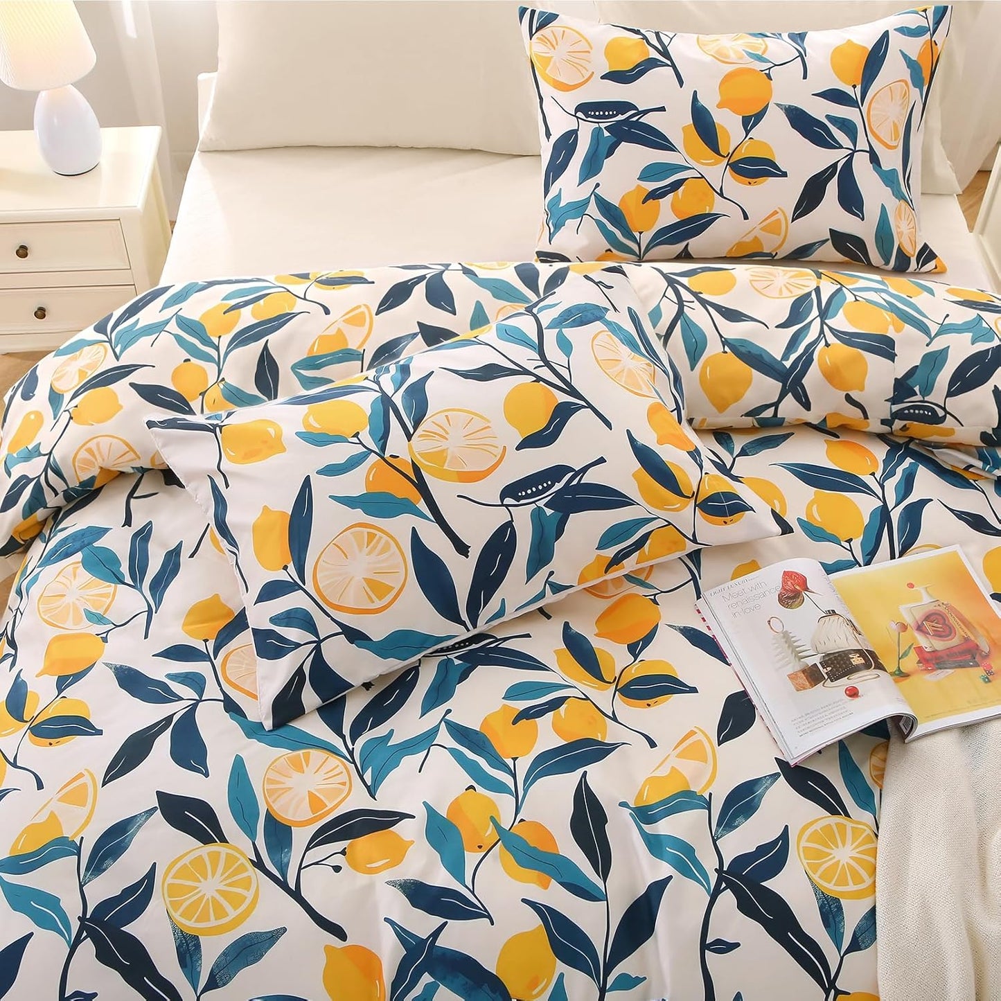 Lemon Blossom Full Comforter Set, Elegant Floral Print Bed in a Bag 7 Pieces, Ultra Soft & Breathable Reversible Botanical Pattern Bedding Set with Comforter, Sheets, Pillowcases, and Shams