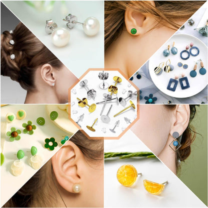 Hypoallergenic Earring Posts and Backs, 2000pcs Stud Earrings Making Kit with Ear Ring Base and Earring Backs for Leather Stud, Clay, Pearl Jewelry Making (Gold & Silver)
