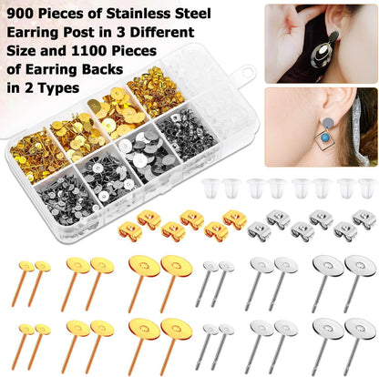 Hypoallergenic Earring Posts and Backs, 2000pcs Stud Earrings Making Kit with Ear Ring Base and Earring Backs for Leather Stud, Clay, Pearl Jewelry Making (Gold & Silver)