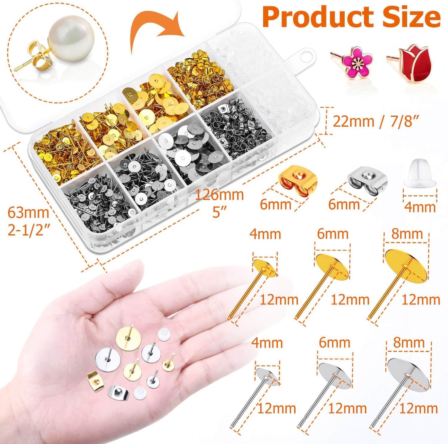 Hypoallergenic Earring Posts and Backs, 2000pcs Stud Earrings Making Kit with Ear Ring Base and Earring Backs for Leather Stud, Clay, Pearl Jewelry Making (Gold & Silver)