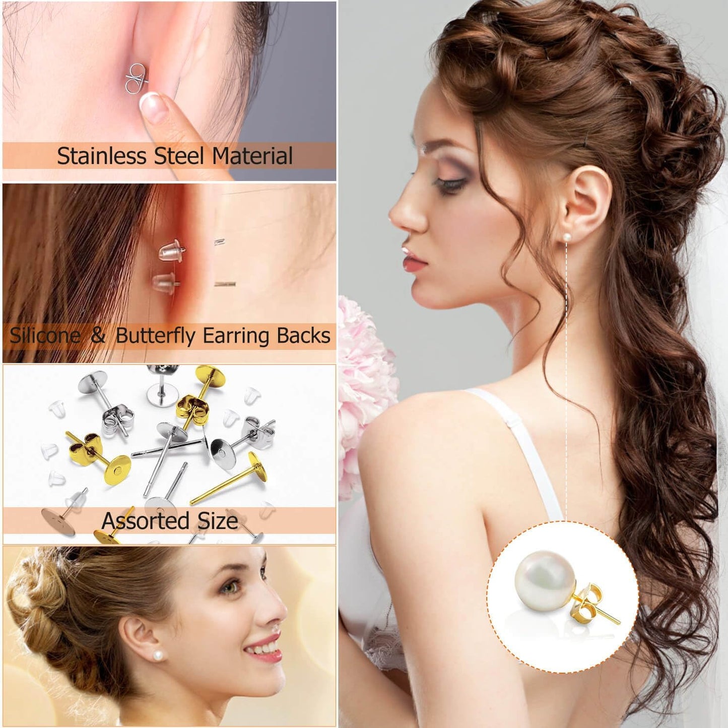 Hypoallergenic Earring Posts and Backs, 2000pcs Stud Earrings Making Kit with Ear Ring Base and Earring Backs for Leather Stud, Clay, Pearl Jewelry Making (Gold & Silver)