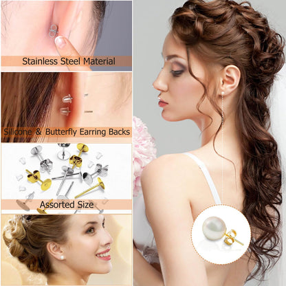 Hypoallergenic Earring Posts and Backs, 2000pcs Stud Earrings Making Kit with Ear Ring Base and Earring Backs for Leather Stud, Clay, Pearl Jewelry Making (Gold & Silver)