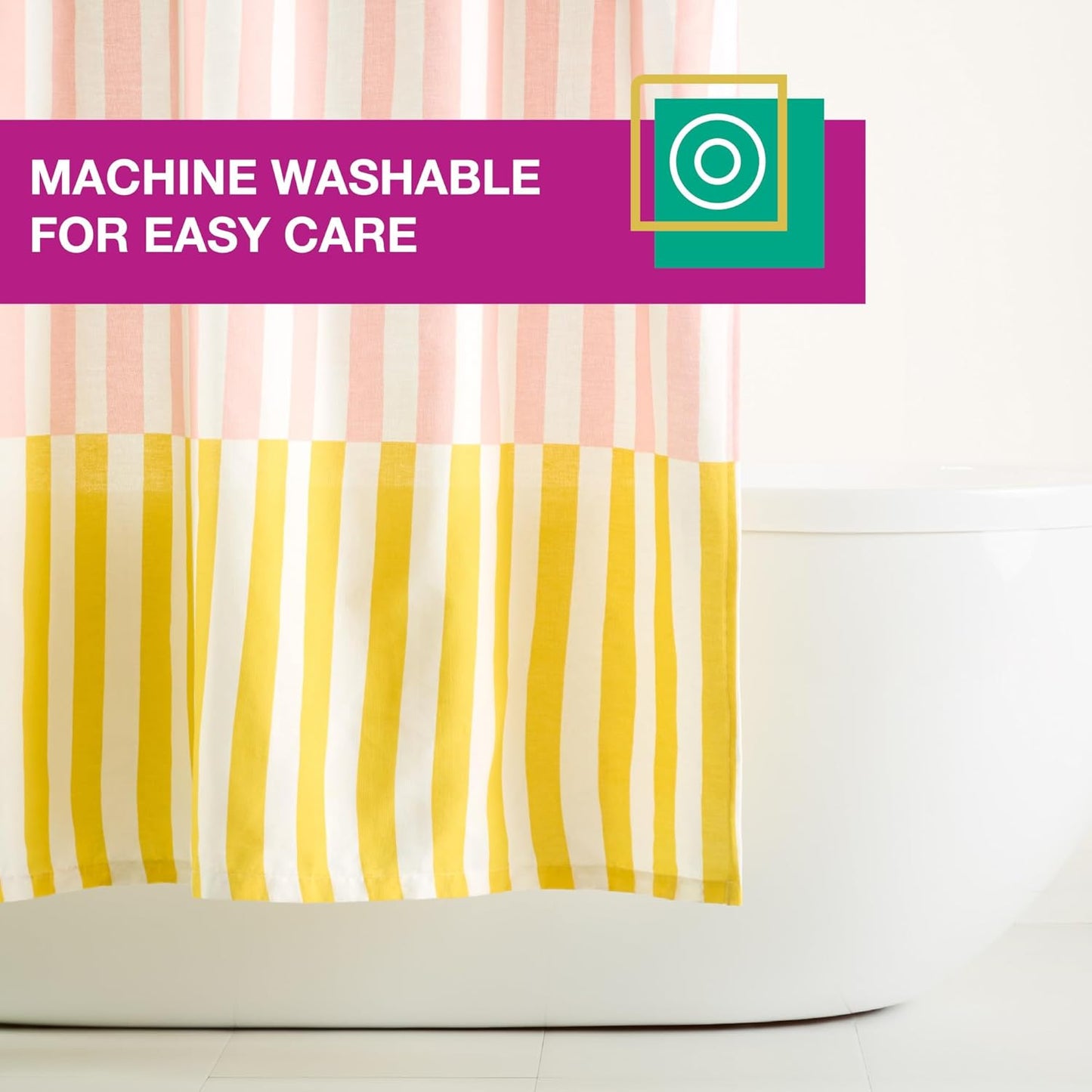 Town & Country Play Adeline Offset Stripe Cotton-Rich Breathable Fabric Shower Curtain with Anti-Rust Grommets, Pink/Beige/Yellow, 70"x72"