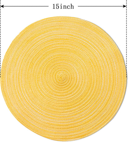 Round Braided Placemats Set of 6 Place mats for Dining Tables Woven Heat Resistant Table Mats 15 inch (Yellow)