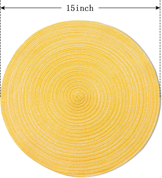 Round Braided Placemats Set of 6 Place mats for Dining Tables Woven Heat Resistant Table Mats 15 inch (Yellow)
