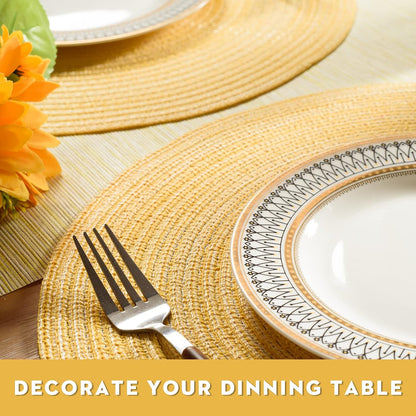 Round Braided Placemats Set of 6 Place mats for Dining Tables Woven Heat Resistant Table Mats 15 inch (Yellow)