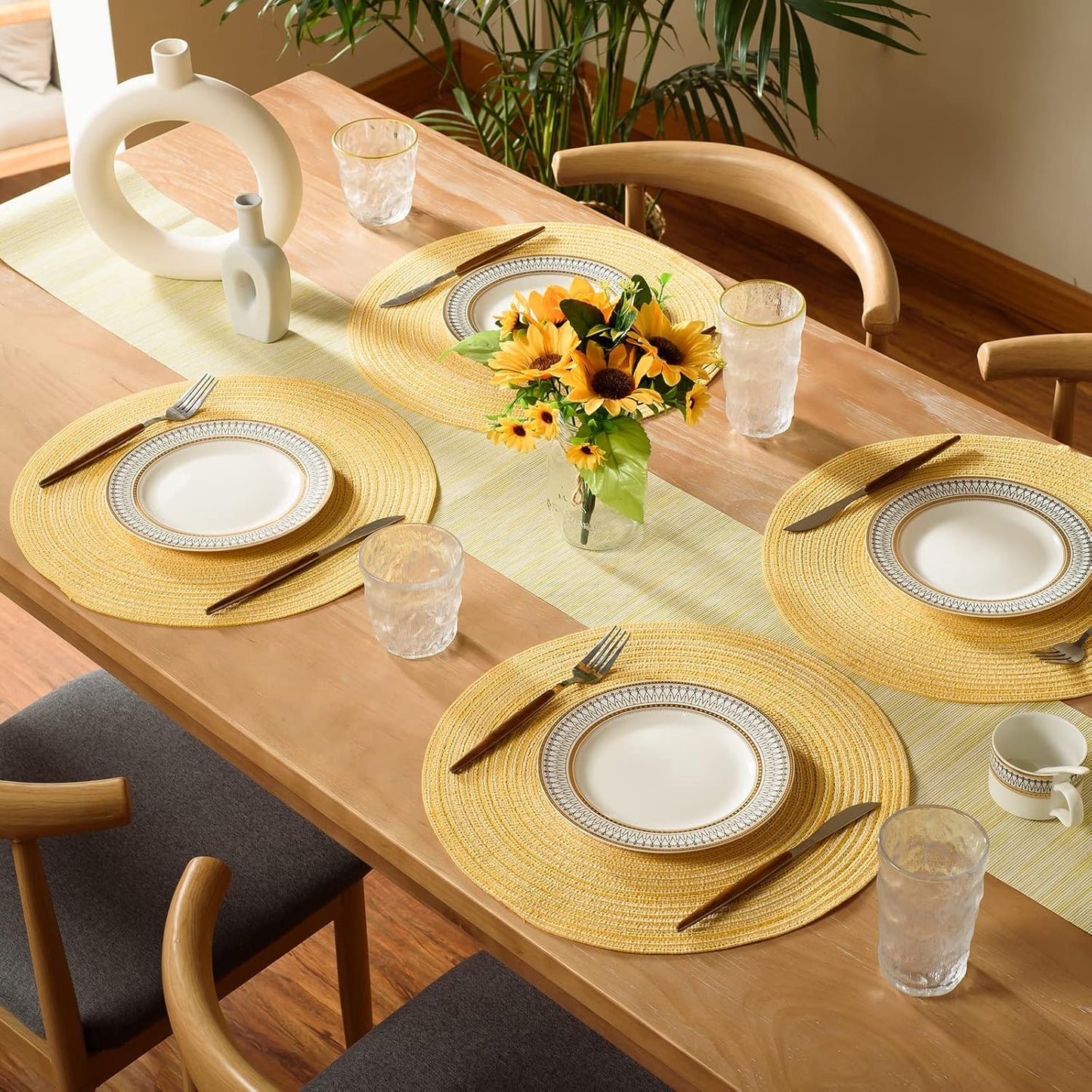 Round Braided Placemats Set of 6 Place mats for Dining Tables Woven Heat Resistant Table Mats 15 inch (Yellow)