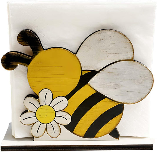 Charming Natural Wood Napkin Holder for Table | Disposable Tissue Dispenser with Summer Fruit and Bee Design | for Kitchen, Dining, Party, and Restaurant Decor (Yellow Bee)