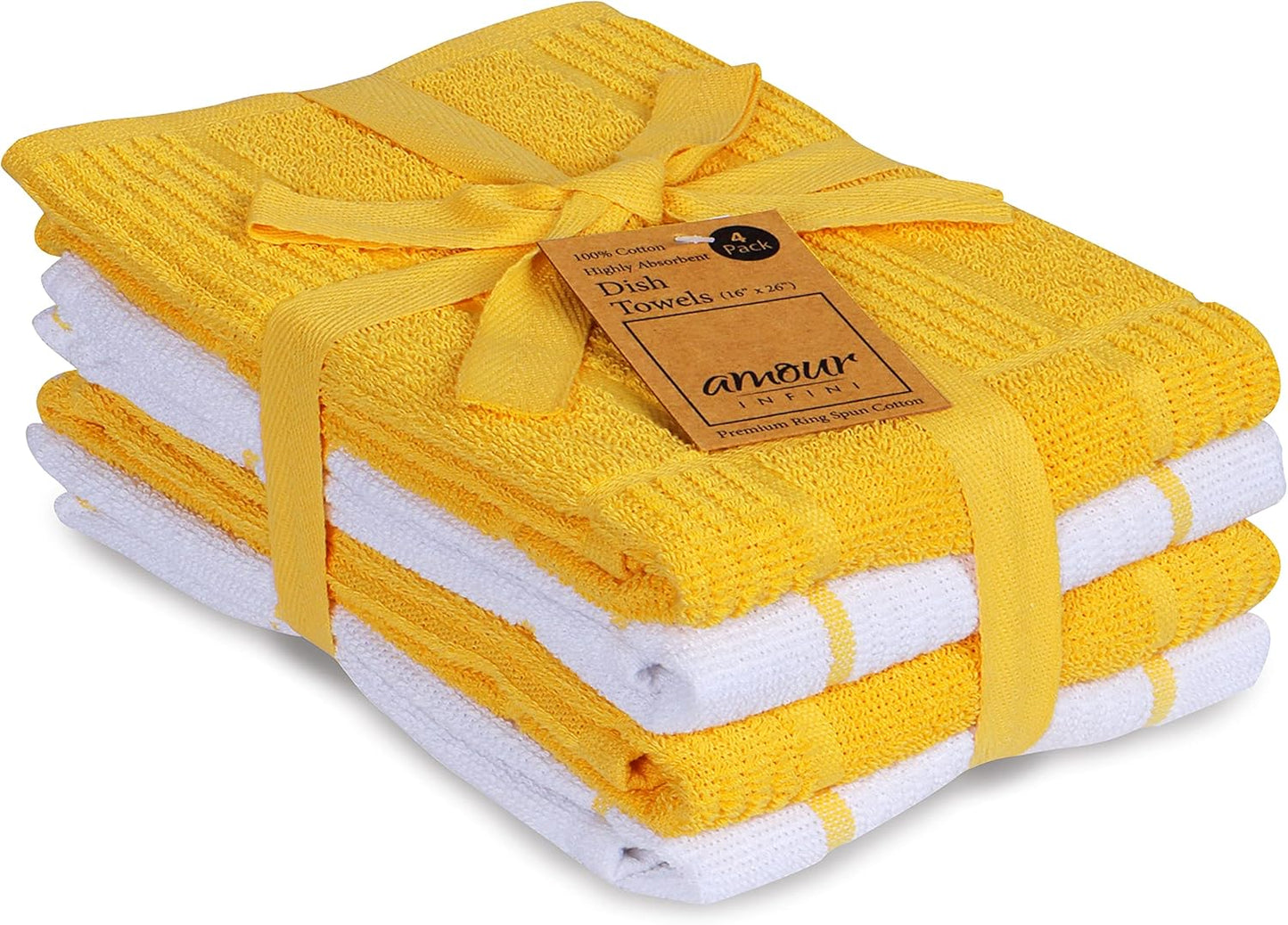 Kitchen Towels Pack of 4, Terry Cotton Dish Towels, Ultra Absorbent, Quick Drying Hand & Tea Towels, Soft Durable Cleaning Cloths with Hanging Loop, 16 x 26 Inch (Yellow)