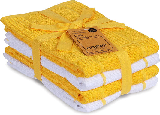 Kitchen Towels Pack of 4, Terry Cotton Dish Towels, Ultra Absorbent, Quick Drying Hand & Tea Towels, Soft Durable Cleaning Cloths with Hanging Loop, 16 x 26 Inch (Yellow)