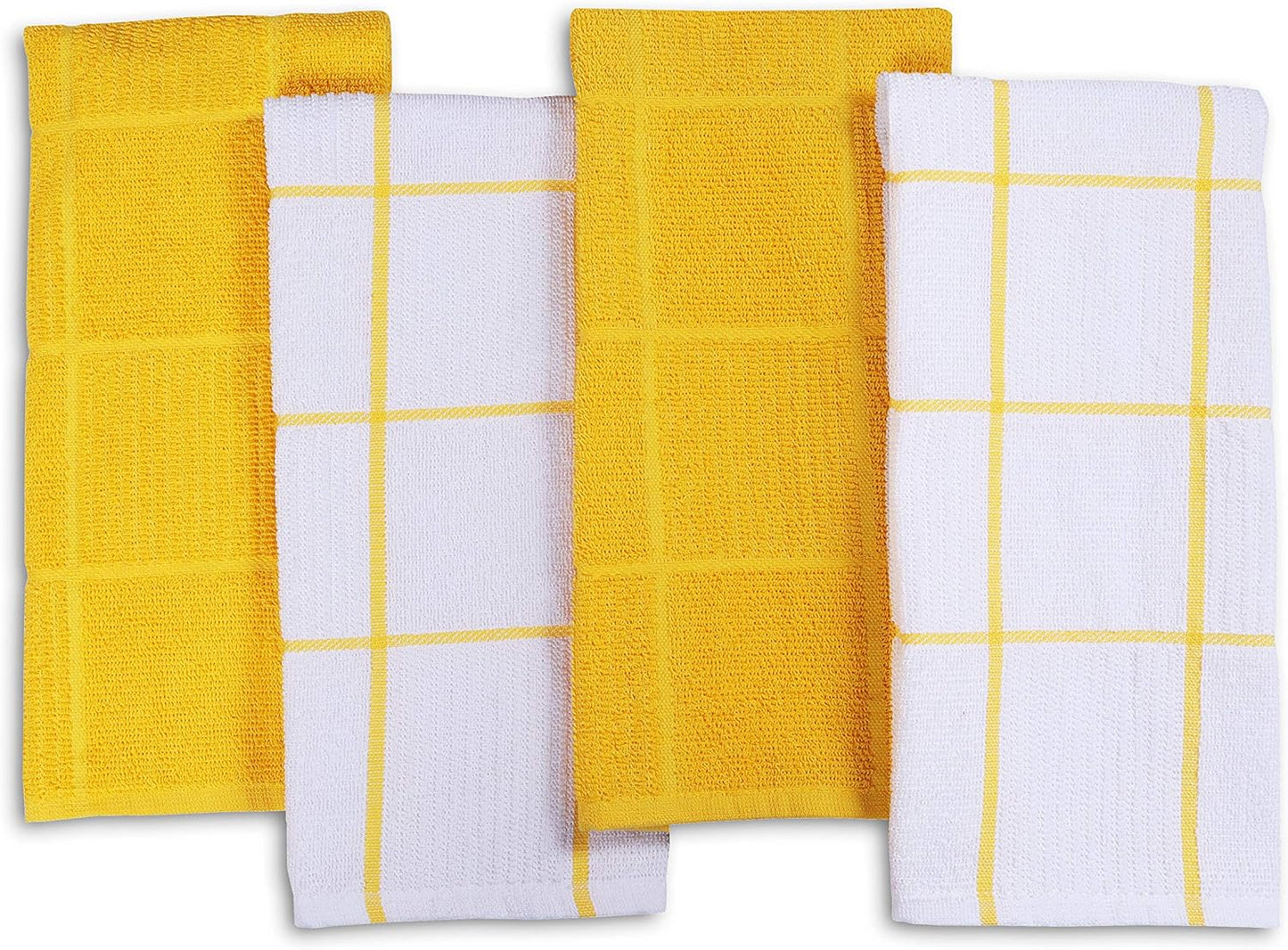 Kitchen Towels Pack of 4, Terry Cotton Dish Towels, Ultra Absorbent, Quick Drying Hand & Tea Towels, Soft Durable Cleaning Cloths with Hanging Loop, 16 x 26 Inch (Yellow)
