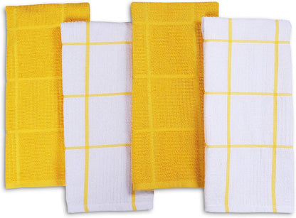 Kitchen Towels Pack of 4, Terry Cotton Dish Towels, Ultra Absorbent, Quick Drying Hand & Tea Towels, Soft Durable Cleaning Cloths with Hanging Loop, 16 x 26 Inch (Yellow)
