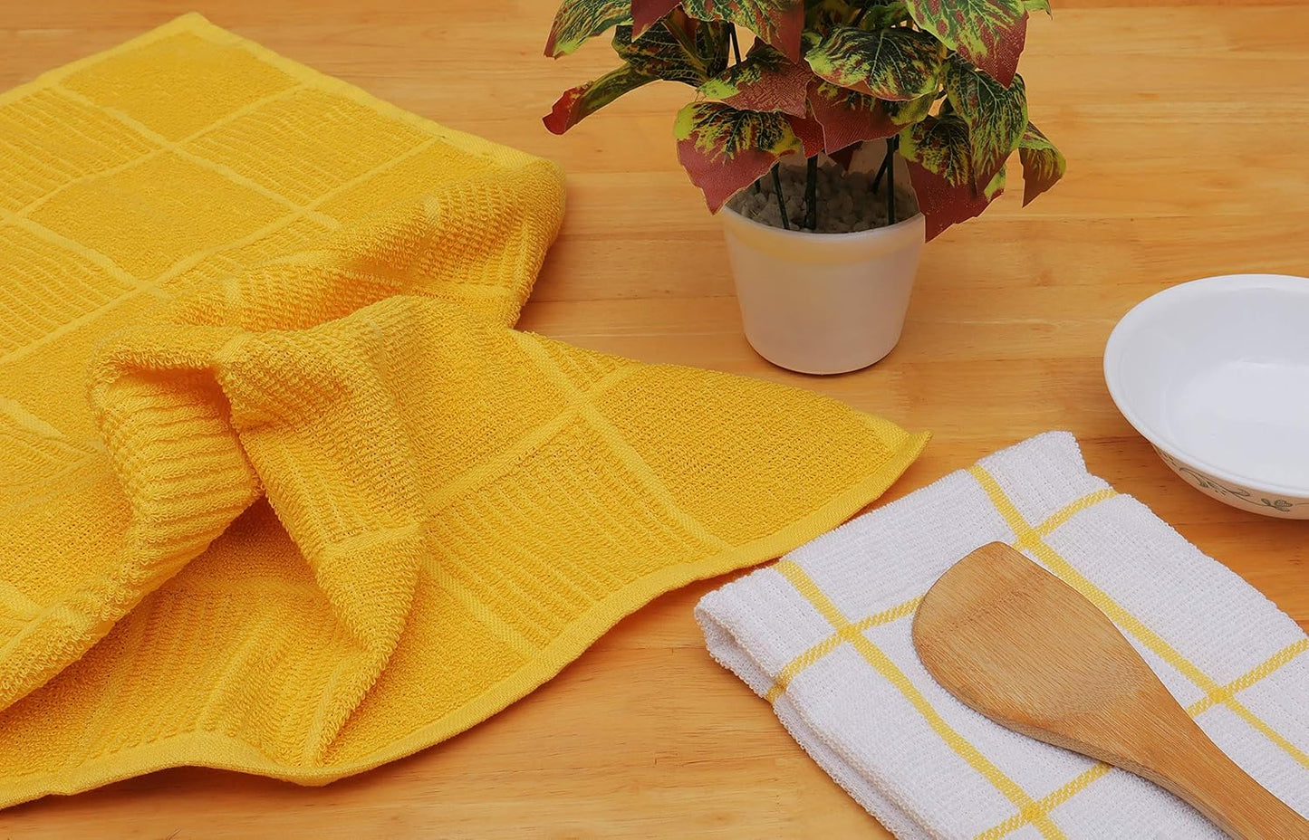 Kitchen Towels Pack of 4, Terry Cotton Dish Towels, Ultra Absorbent, Quick Drying Hand & Tea Towels, Soft Durable Cleaning Cloths with Hanging Loop, 16 x 26 Inch (Yellow)