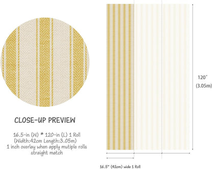 Neutral Beige Stripe Peel and Stick Fabric Canvas Wallpaper - Temporary Wallpaper for Accent Wall, Bathroom, Bedroom, Living Room (Yellow)