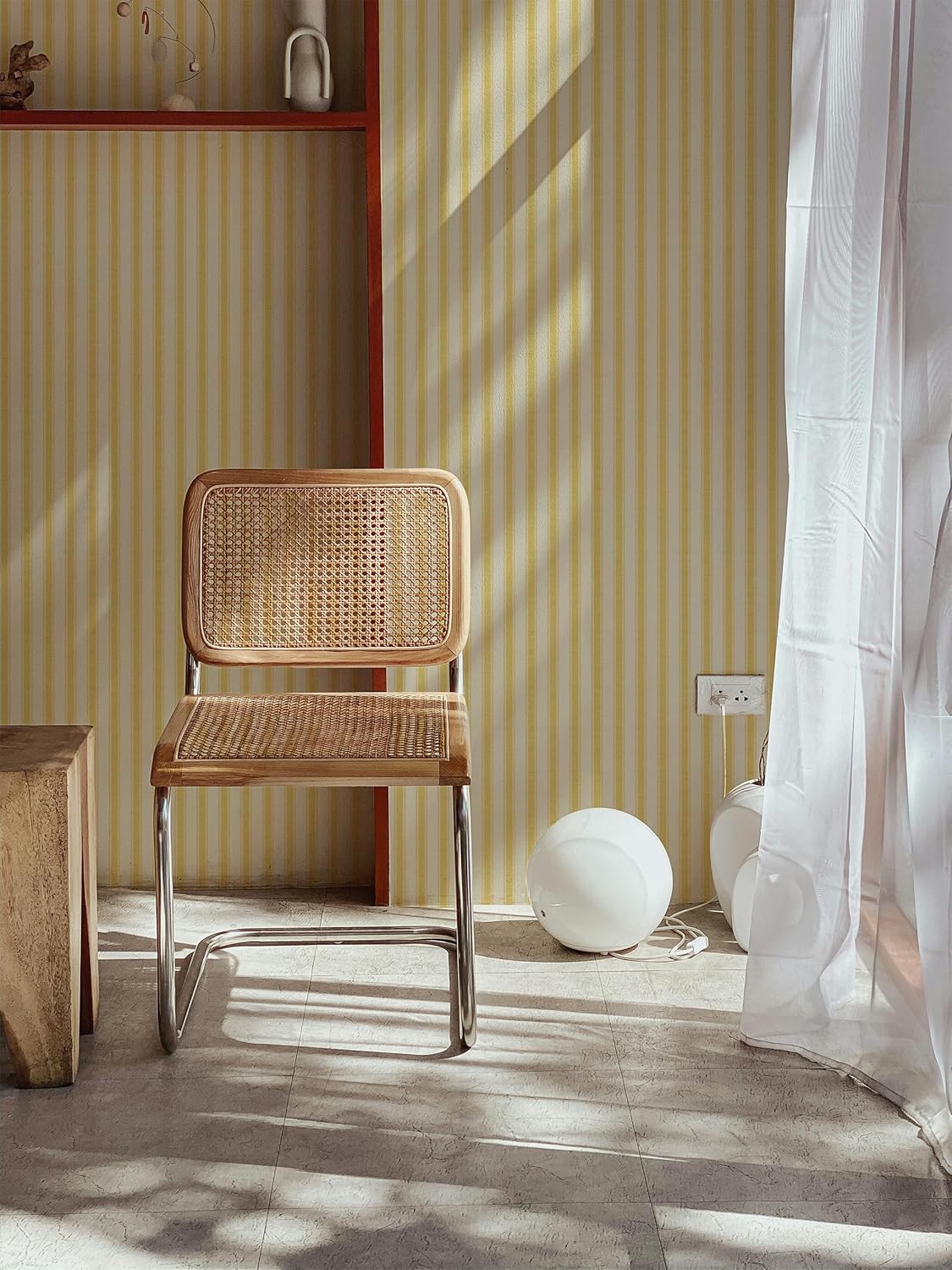 Neutral Beige Stripe Peel and Stick Fabric Canvas Wallpaper - Temporary Wallpaper for Accent Wall, Bathroom, Bedroom, Living Room (Yellow)