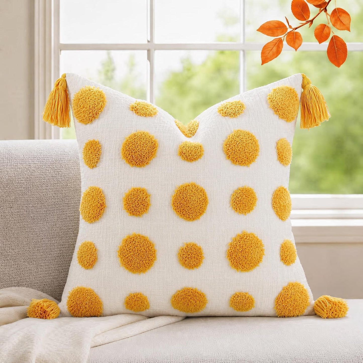 Super Soft Farmhouse Decorative Plush Throw Pillow Covers 26 x 26 Yellow,Solid Pom pom Tufted with Tassels Modern Accent Boho Square Cushion Cover Pillow Case for Couch Sofa