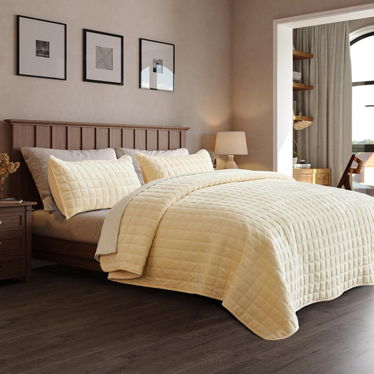 92'' x 96'' Velvet Quilt Set Queen Size, Luxury Velvet Comforter Oversized Bedding Set, Ultra Soft Bedspread Coverlet with 2 Matching Shams, for All Seasons, Cream Yellow