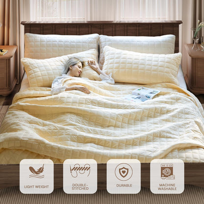 92'' x 96'' Velvet Quilt Set Queen Size, Luxury Velvet Comforter Oversized Bedding Set, Ultra Soft Bedspread Coverlet with 2 Matching Shams, for All Seasons, Cream Yellow