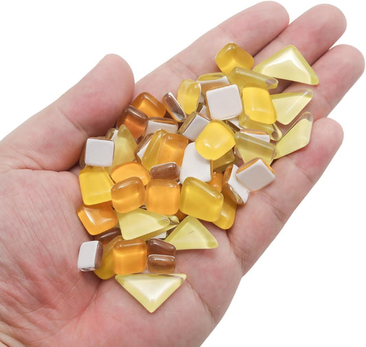 200g 7oz Yellow Irregular Mosaic Tiles Crystal Mosaic Glass Pieces Bulk | Crystal Mosaic Glass Pieces Bulk Square and Triangle Glass Tiles for Crafts