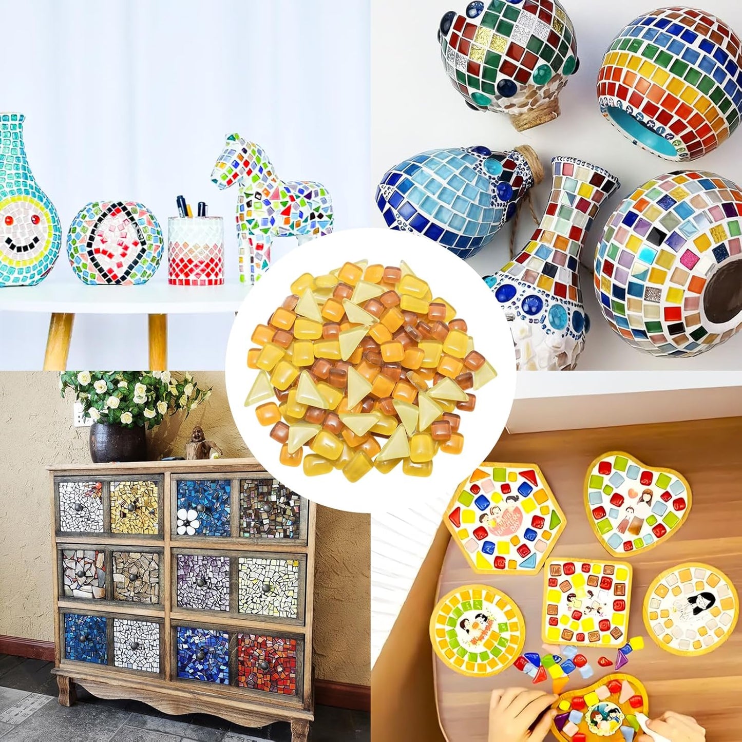 200g 7oz Yellow Irregular Mosaic Tiles Crystal Mosaic Glass Pieces Bulk | Crystal Mosaic Glass Pieces Bulk Square and Triangle Glass Tiles for Crafts