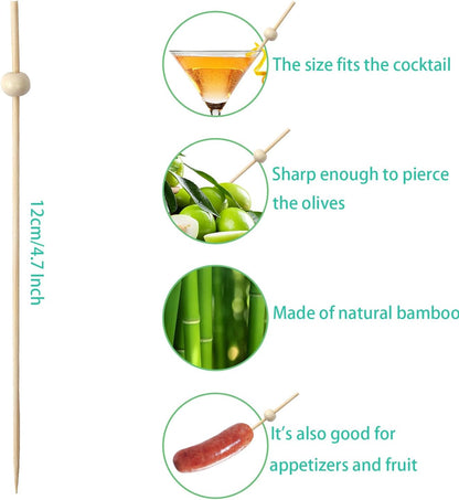 Wooden Cocktail Picks with Beads,200 Pcs 4.7 Inch Natural Bamboo Appetizer Skewers for Charcuterie, Fruit Kabobs, Party Food