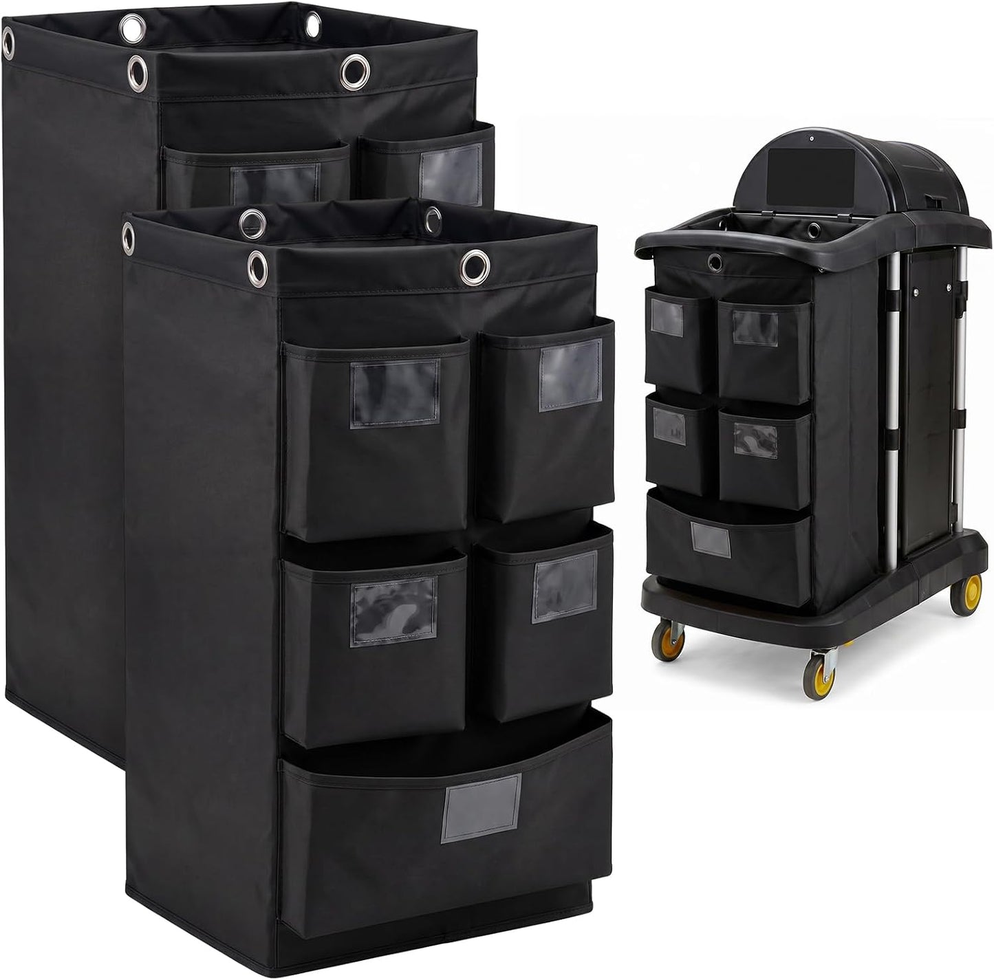 2 Pack Cleaning Cart Bag 20 Gallon Replacement Janitorial Cart with 5 Pockets Thick Bag Zippered 27 x 15.75 x 11 Inch Large Capacity Commercial Cleaning Bags for Housekeeping Carts(Yellow)
