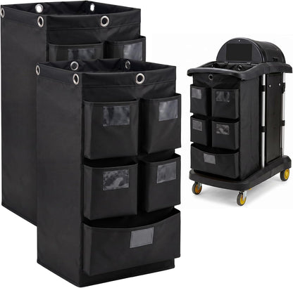 2 Pack Cleaning Cart Bag 20 Gallon Replacement Janitorial Cart with 5 Pockets Thick Bag Zippered 27 x 15.75 x 11 Inch Large Capacity Commercial Cleaning Bags for Housekeeping Carts(Yellow)