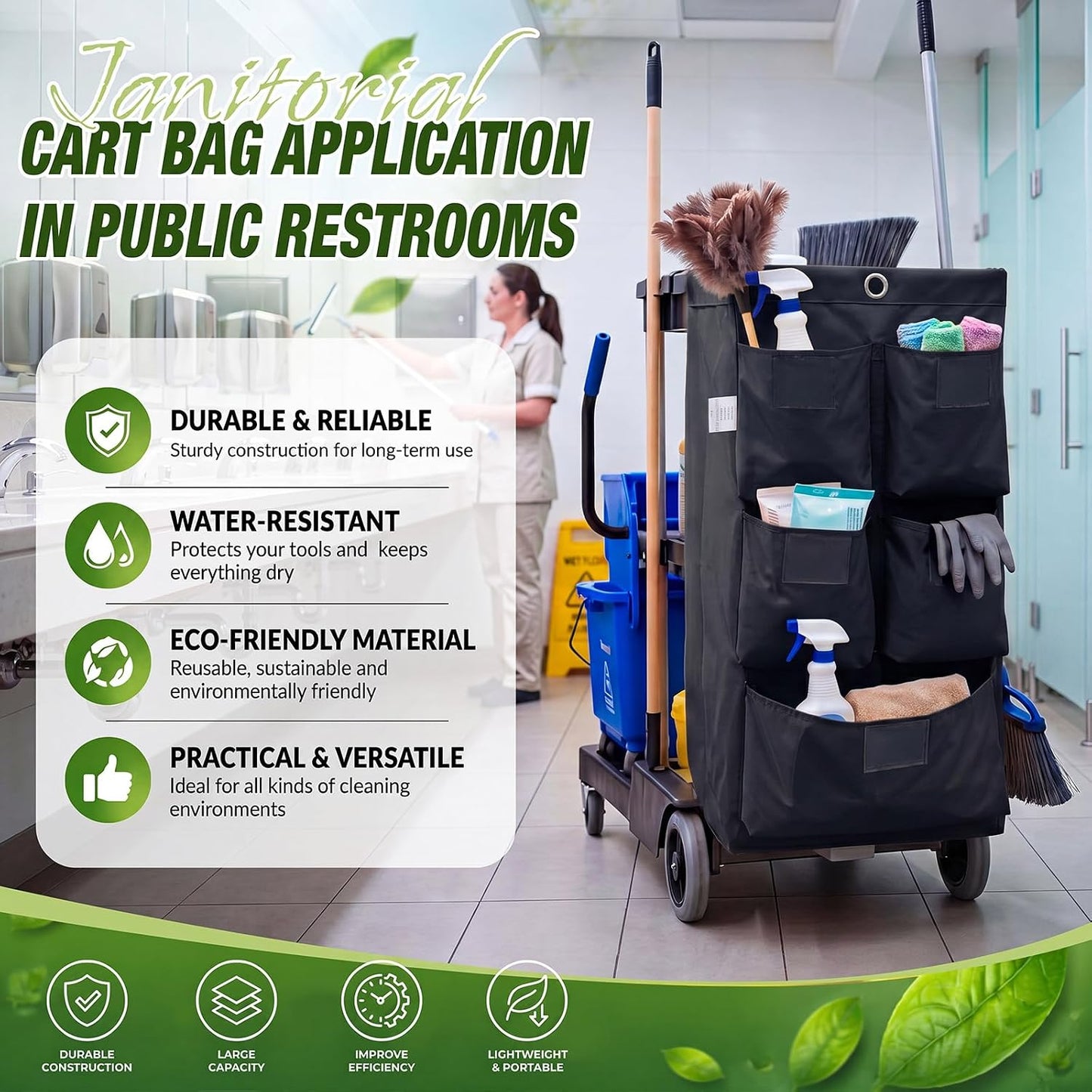 2 Pack Cleaning Cart Bag 20 Gallon Replacement Janitorial Cart with 5 Pockets Thick Bag Zippered 27 x 15.75 x 11 Inch Large Capacity Commercial Cleaning Bags for Housekeeping Carts(Yellow)