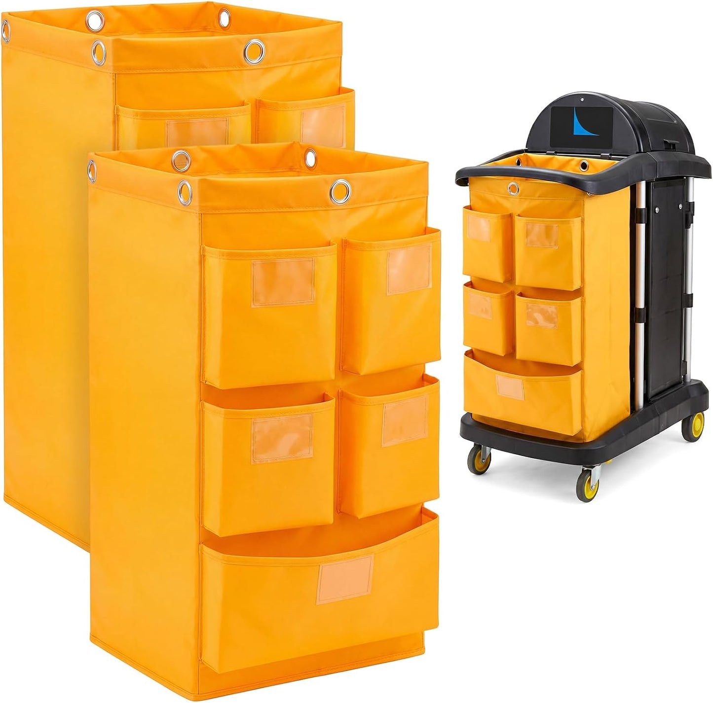 2 Pack Cleaning Cart Bag 20 Gallon Replacement Janitorial Cart with 5 Pockets Thick Bag Zippered 27 x 15.75 x 11 Inch Large Capacity Commercial Cleaning Bags for Housekeeping Carts(Yellow)