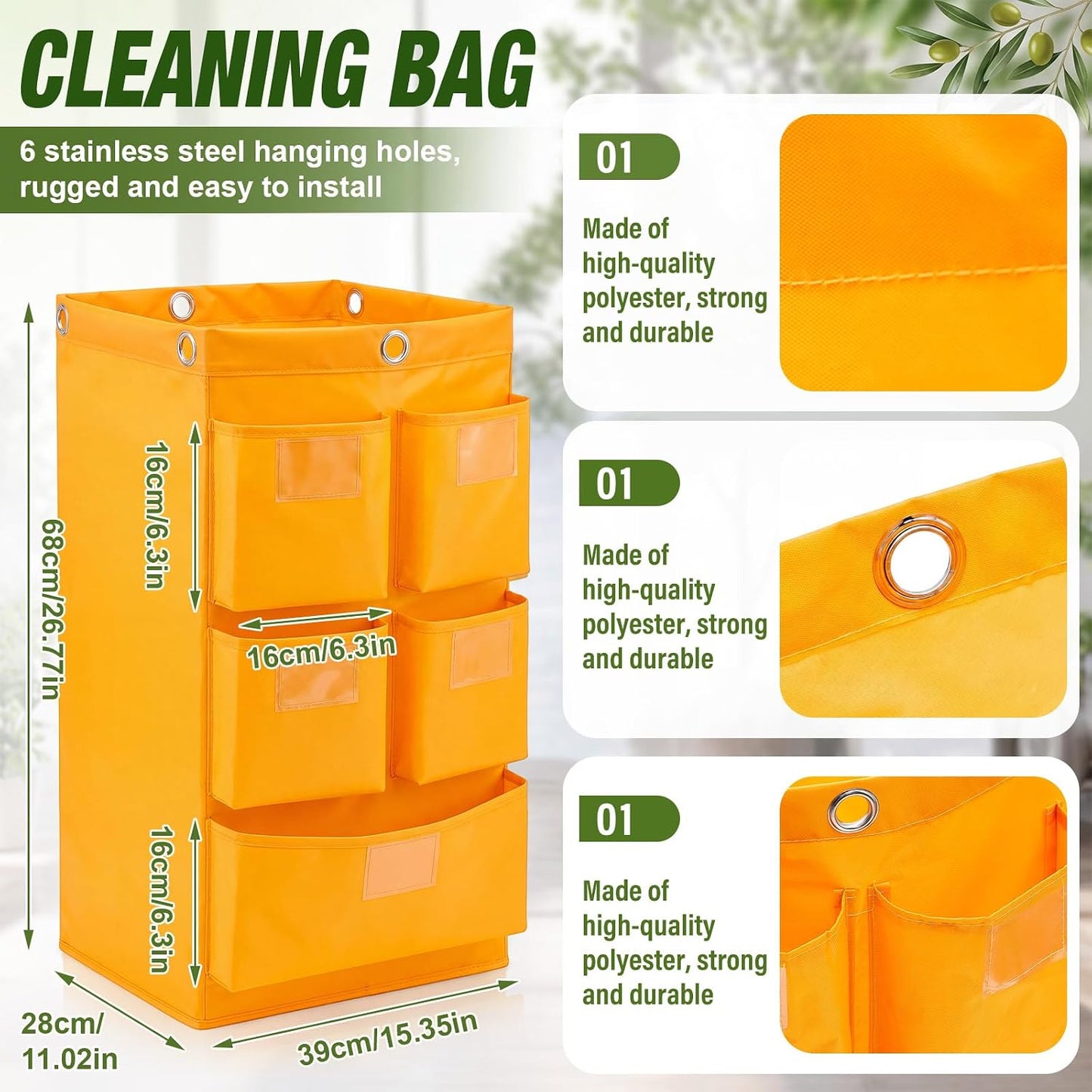 2 Pack Cleaning Cart Bag 20 Gallon Replacement Janitorial Cart with 5 Pockets Thick Bag Zippered 27 x 15.75 x 11 Inch Large Capacity Commercial Cleaning Bags for Housekeeping Carts(Yellow)