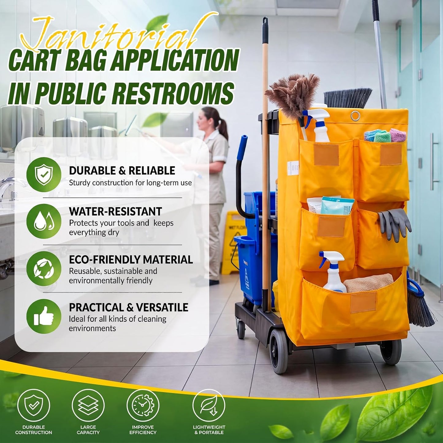 2 Pack Cleaning Cart Bag 20 Gallon Replacement Janitorial Cart with 5 Pockets Thick Bag Zippered 27 x 15.75 x 11 Inch Large Capacity Commercial Cleaning Bags for Housekeeping Carts(Yellow)