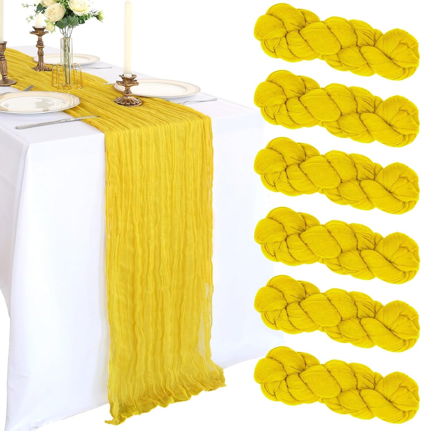 6 Pack 10FT Lemon Yellow Cheesecloth Table Runner 120 Inch Long Gauze Rustic Boho Summer Cheese Cloth Table Runner Sheer Fabric Decorations for Holiday Party Wedding Banquet Bridal Baby Shower Décor