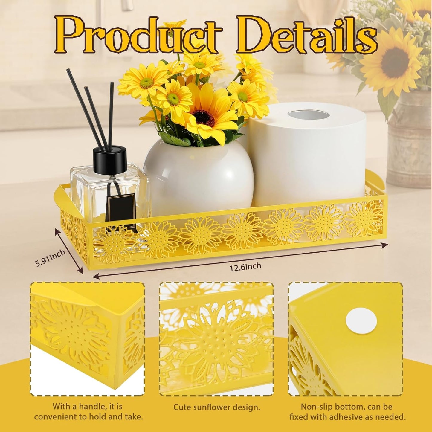 Yellow Sunflower Toilet Paper Basket Cute Metal Toilet Tank Paper Holder with Handle Bathroom Storage Organizer Coquettish Preppy Accessories Decor for Bathroom Restroom