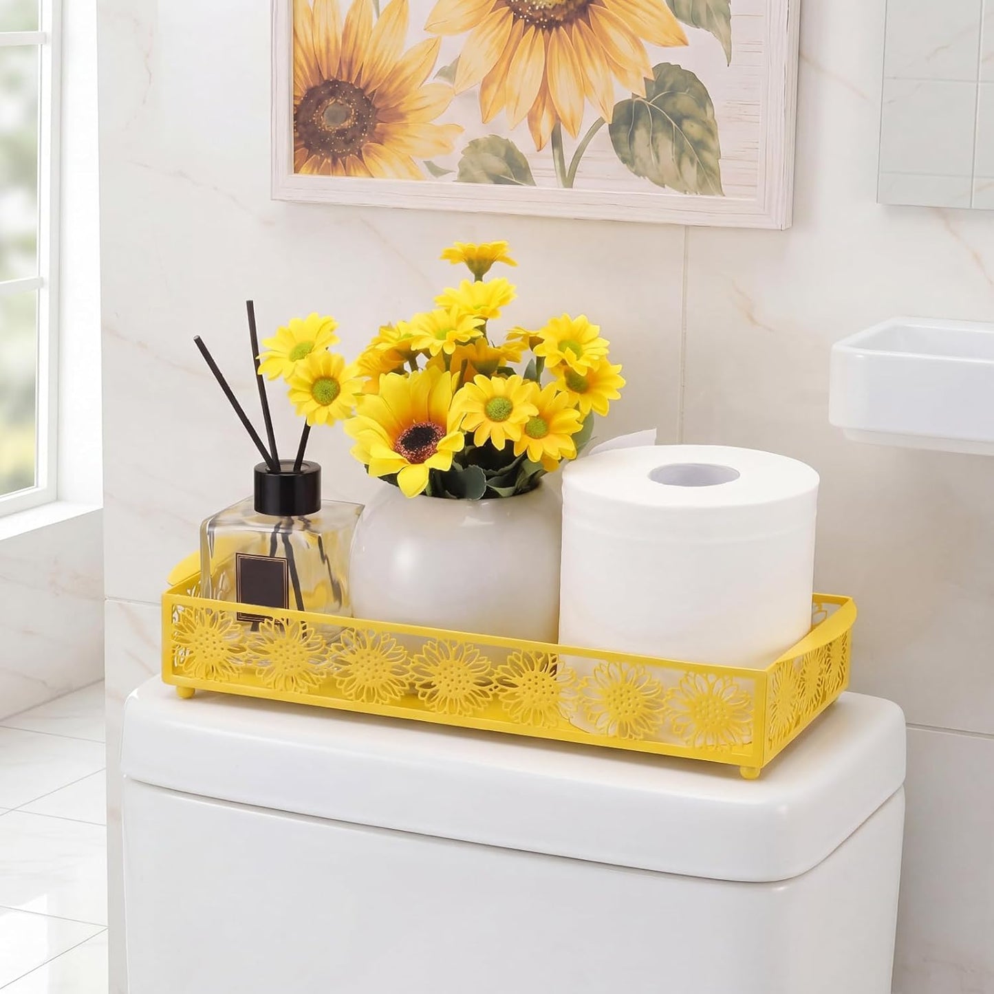 Yellow Sunflower Toilet Paper Basket Cute Metal Toilet Tank Paper Holder with Handle Bathroom Storage Organizer Coquettish Preppy Accessories Decor for Bathroom Restroom