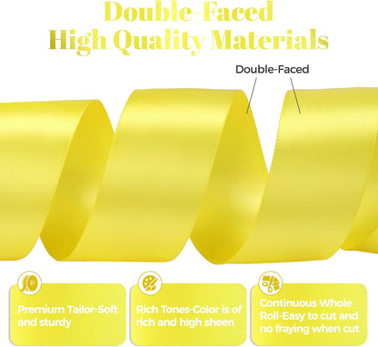 Lemon Yellow Satin Ribbon, Double Faced 1-1/2 Inch X 50 Yards Lemon Yellow Ribbon, Premium Satin Ribbon for Gift Wrapping, Crafts, Hair Bow Making, Sewing, Flower Bouquet, Wedding Party Decor