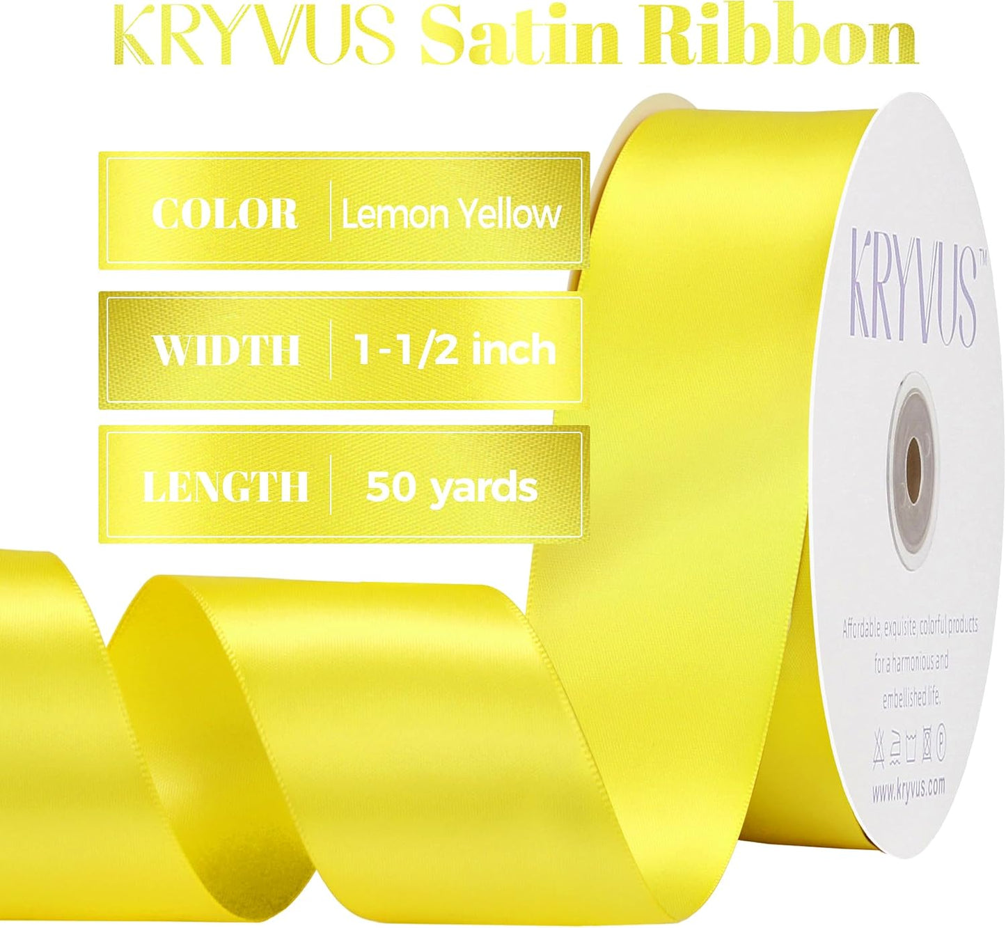 Lemon Yellow Satin Ribbon, Double Faced 1-1/2 Inch X 50 Yards Lemon Yellow Ribbon, Premium Satin Ribbon for Gift Wrapping, Crafts, Hair Bow Making, Sewing, Flower Bouquet, Wedding Party Decor