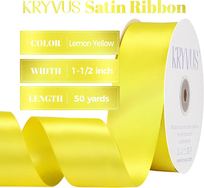 Lemon Yellow Satin Ribbon, Double Faced 1-1/2 Inch X 50 Yards Lemon Yellow Ribbon, Premium Satin Ribbon for Gift Wrapping, Crafts, Hair Bow Making, Sewing, Flower Bouquet, Wedding Party Decor