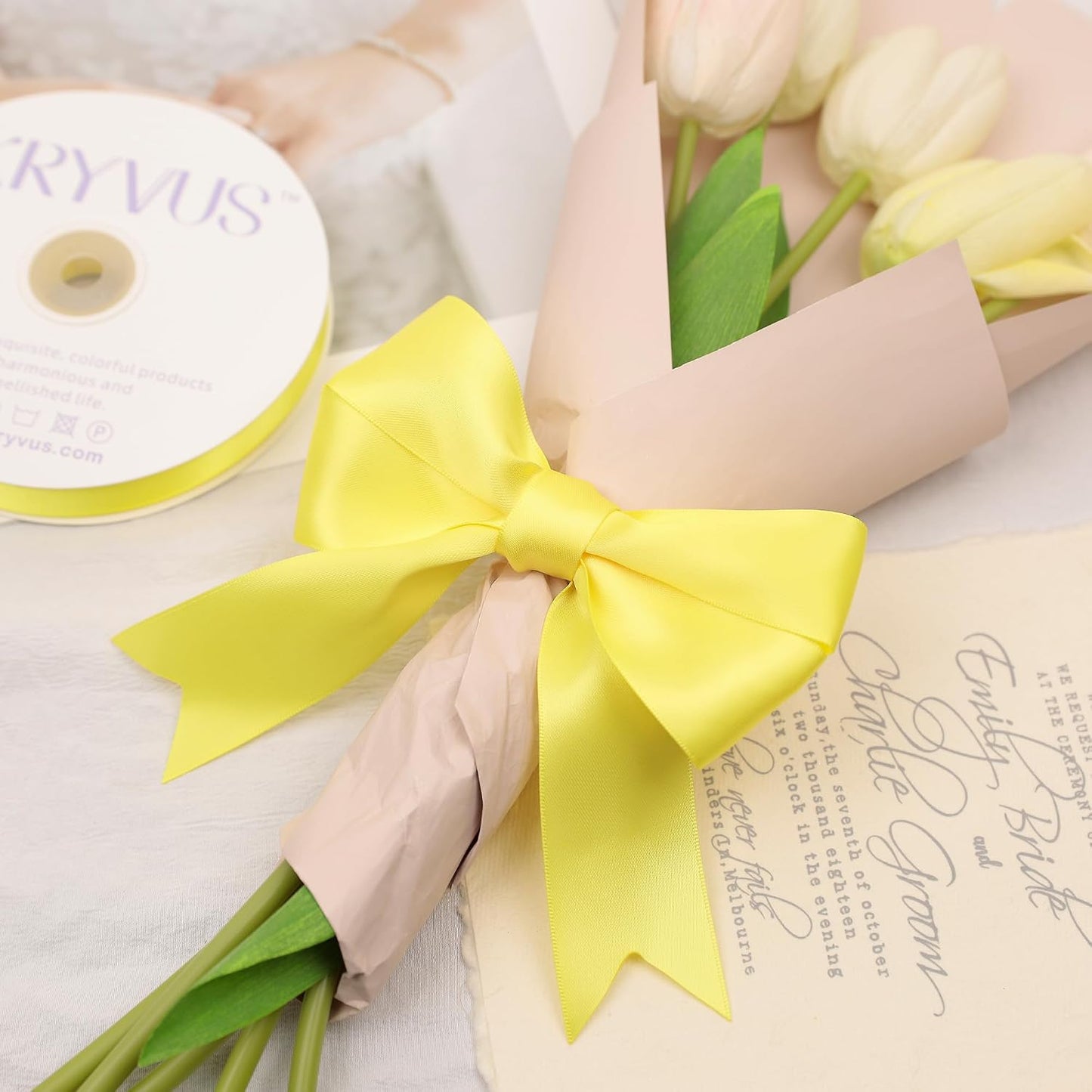 Lemon Yellow Satin Ribbon, Double Faced 1-1/2 Inch X 50 Yards Lemon Yellow Ribbon, Premium Satin Ribbon for Gift Wrapping, Crafts, Hair Bow Making, Sewing, Flower Bouquet, Wedding Party Decor