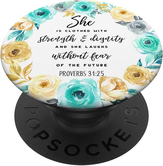 She Is Clothed Strength Dignity Mint Green Yellow Flowers PopSockets PopGrip: Swappable Grip for Phones & Tablets