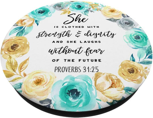 She Is Clothed Strength Dignity Mint Green Yellow Flowers PopSockets PopGrip: Swappable Grip for Phones & Tablets