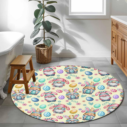 Round Area Rug 3ft, Farmhouse Gnome Easter Egg Non Slip Low Profile Circle Rugs, Summer Flower Light Yellow Non Shedding Washable Floor Carpets for Living Room Bedroom Office Home